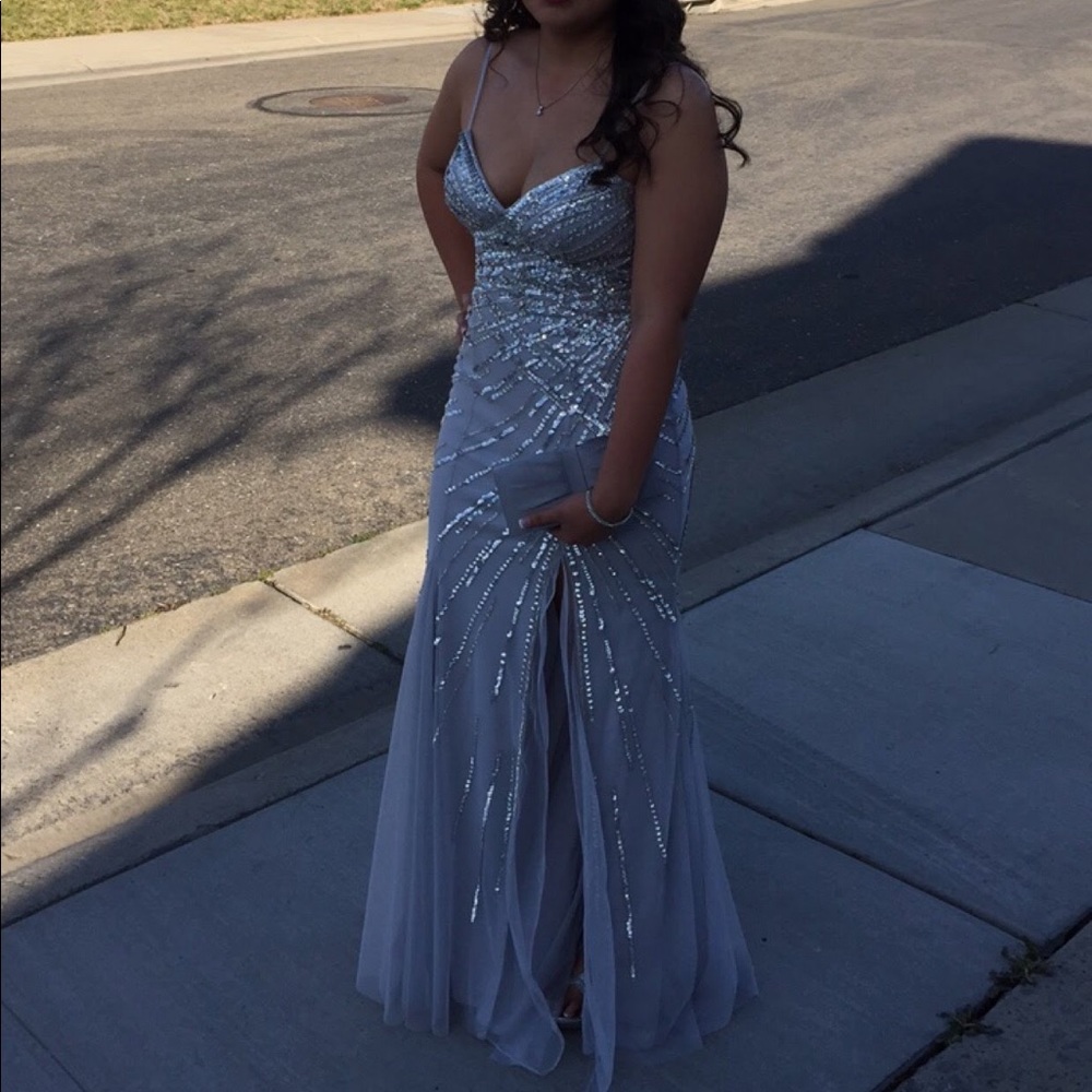 Mermaid style Silver-Sequin Prom dress with split